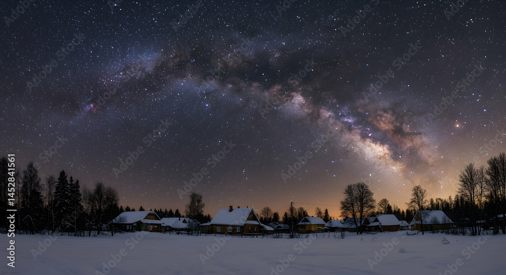 Starry Night Sky Over Snowy Village Landscape with Milky Way Arch