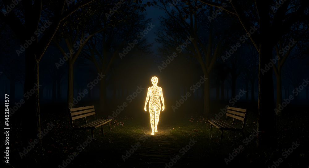Ethereal Figure in Glowing Light Walking Through Dark Forest Path