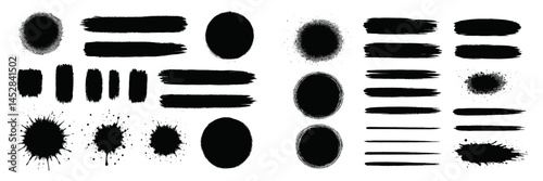 Various black paint splash and brush stroke designs for artistic projects, creative backgrounds, and graphic design elements