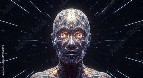 Obraz na płótnie Futuristic Cybernetic Human with Glowing Features in Dark Space w salonie