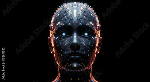 Obraz na płótnie Futuristic Android Face with Advanced Technology and Neon Lights w salonie