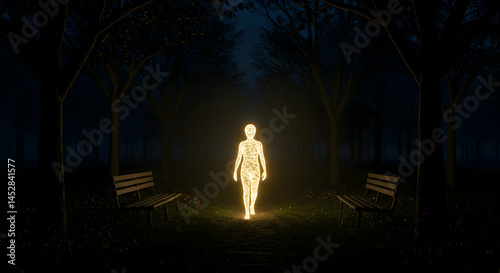 Obraz na płótnie Ethereal Figure in Glowing Light Walking Through Dark Forest Path w salonie