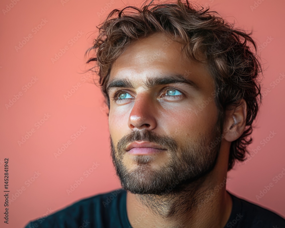 Close-up portrait of a young man with striking blue eyes against a pink backdrop Close-up portrait of a young man with striking blue eyes against a pink backdrop