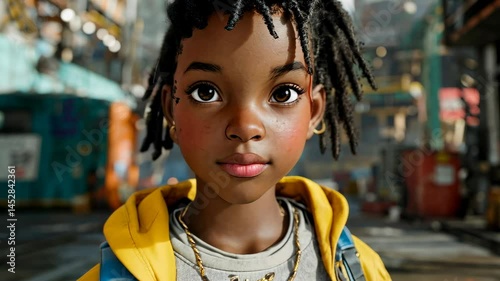 A young stylized girl in a colorful futuristic city street looking confident and curious.