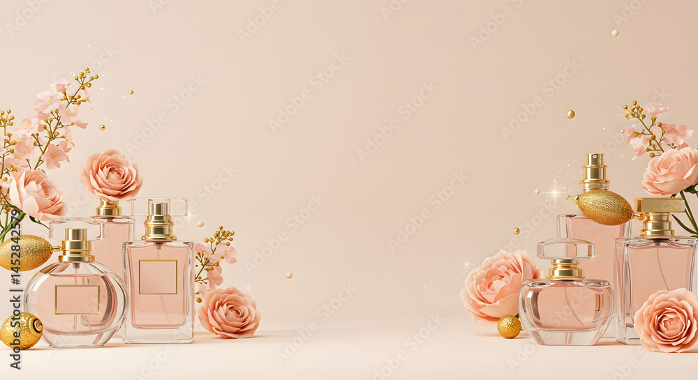 Elegant Display of Fragrant Perfume Bottles with Floral Accents