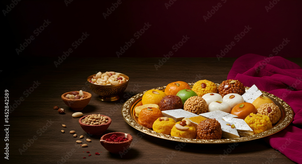 Colorful Indian Sweets and Treats Displayed on Decorative Plate