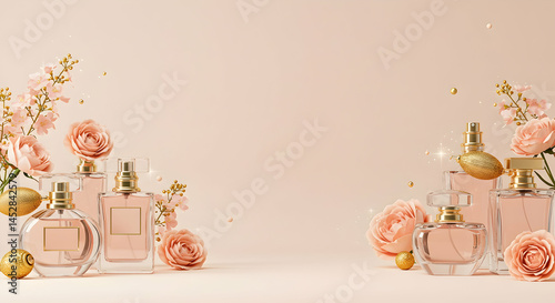 Obraz na płótnie Elegant Display of Fragrant Perfume Bottles with Floral Accents w salonie