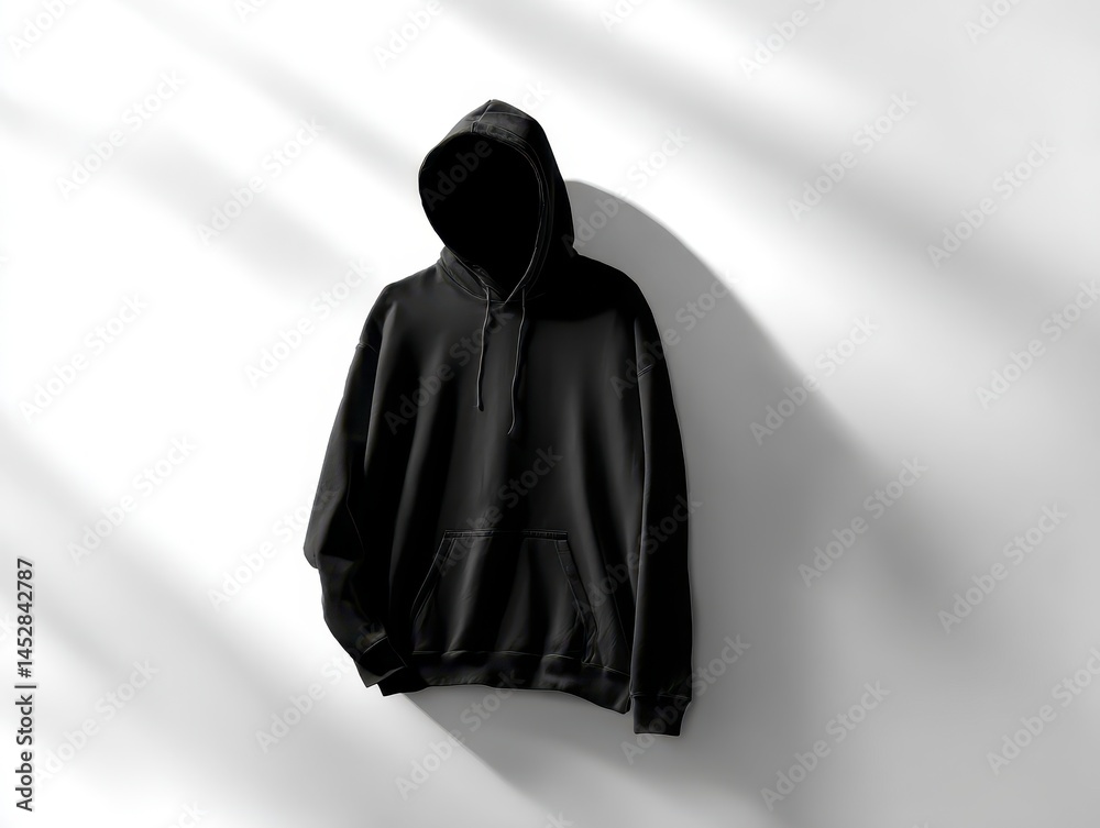 Template of a black oversized hoodie, unfolded on a white background with shadows Template of a black oversized hoodie, unfolded on a white background with shadows