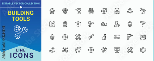 Building Tools icon set. Contain linear symbols house, build, construction, work and more. Construction Tools simple icon set. Minimalist linear icons. Pixel perfect. Editable vector.