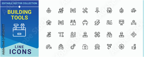 Building Tools line icon set. Related to tool, mechanic, work, house, equipment and more. Construction Tools icon pack. Perfect for logos and infographic. Vector illustration.