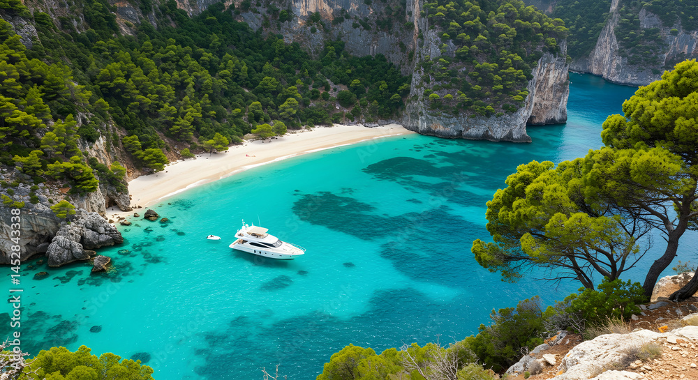 Serene Tropical Cove with Yacht and Crystal Clear Turquoise Water