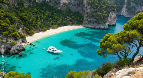 Serene Tropical Cove with Yacht and Crystal Clear Turquoise Water