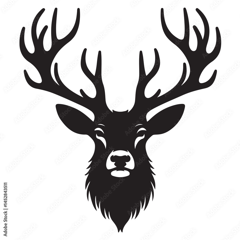 Naklejka premium Black and white illustration, deer head silhouette, majestic antlers, minimalist design, elegant profile, stylized wildlife art, sharp contrast, vector graphic style, iconic logo design.