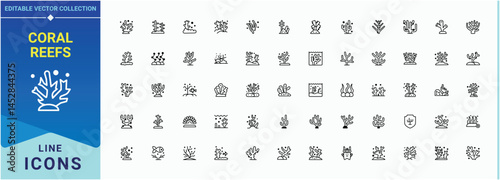 Coral Reefs vector icon set. Marine icon set. Minimal icons set. Pictograms of life, aquatic, underwater, sea, marine, coral and more. Editable stroke. Pixel Perfect.
