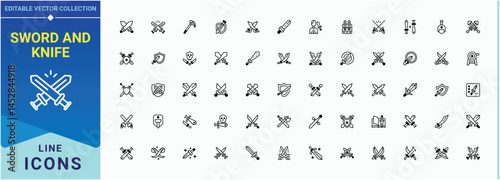 Sword And Knife vector icon set. War icon set. Minimalist icons pack. Pack of sword, swords, sharp, weapon, battle, blade, saber and more. Editable stroke. Pixel Perfect.
