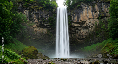 Majestic Waterfall Surrounded by Lush Greenery in a Natural Setting
