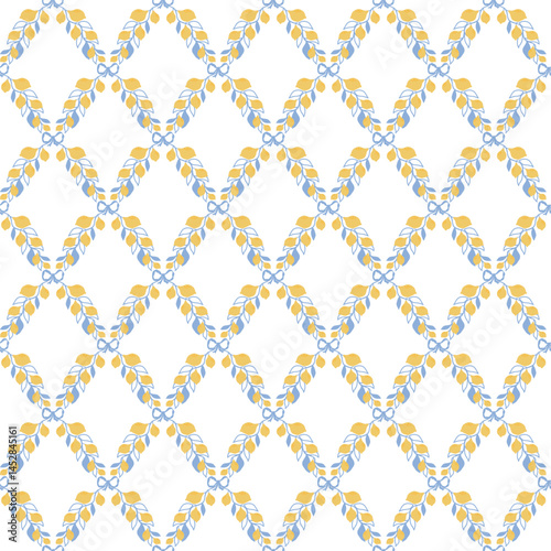 Summer trellis ornament with lemon branch. Italy vacation seamless pattern. Checkered Mediterranean wallpaper, fruit damask print, cute geometric textile design, vector background, wrap paper.