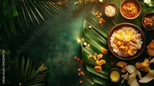 Traditional Onam Sadya Meal with Flowers and Food on Table