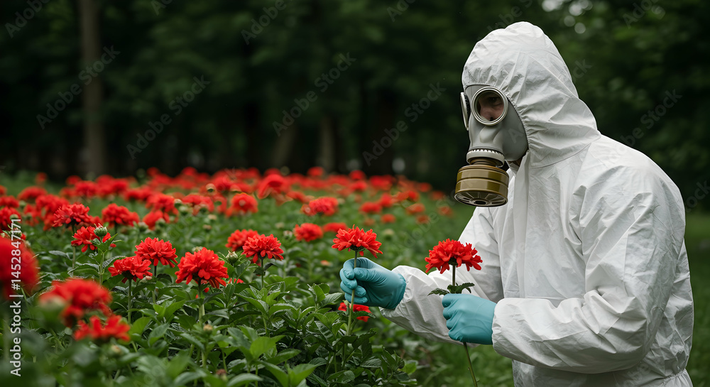 Person in Protective Gear Examining Red Flowers in a Garden
