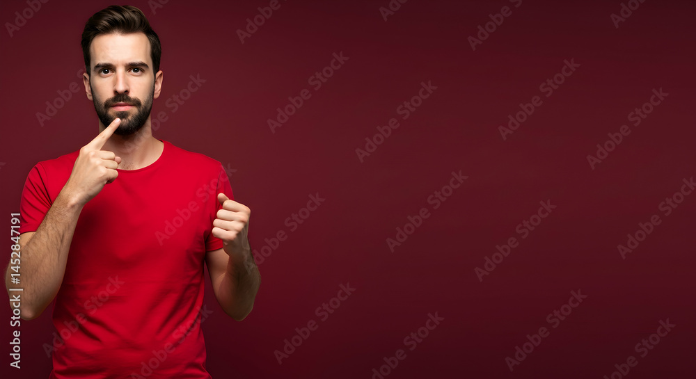 Young Man in Red T-Shirt with Thoughtful Gesture Against Red Background