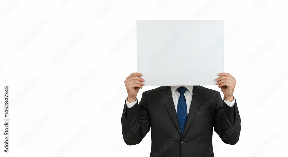 Businessman Holding Blank Sign in Formal Attire on White Background