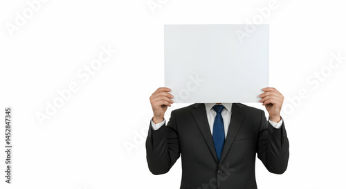 Obraz na płótnie Businessman Holding Blank Sign in Formal Attire on White Background w salonie