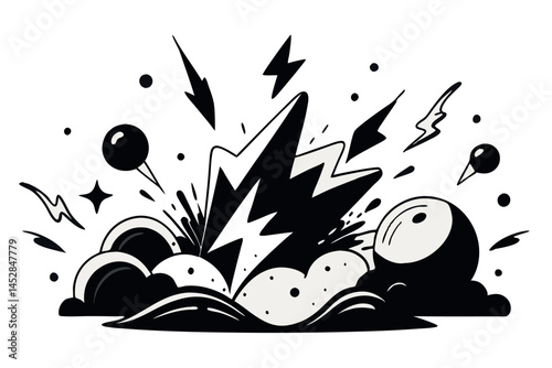 Creative black and white design featuring ink splatters, electric bolts, and abstract brush strokes, conveying energy, chaos, and artistic expression