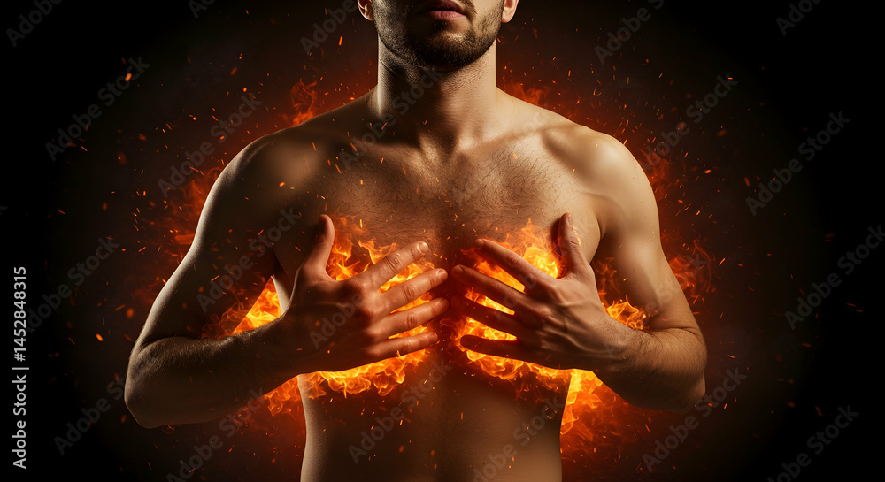 Fiery Transformation of a Man's Upper Body with Erupting Flames