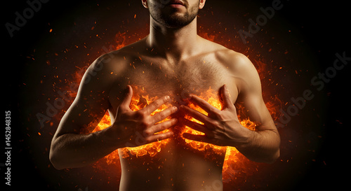 Obraz na płótnie Fiery Transformation of a Man's Upper Body with Erupting Flames w salonie