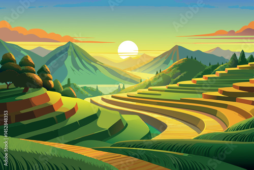 Beautiful sunrise over lush green terraced rice fields with scenic mountains and rolling hills in the background