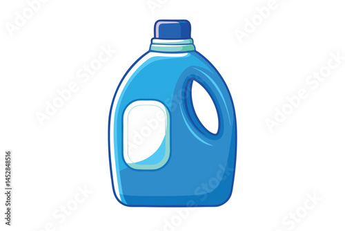 Bright blue plastic detergent bottle with ergonomic handle and vibrant design, isolated on white background for laundry products branding