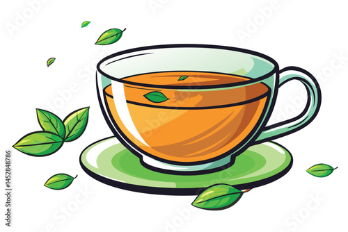 clear teacup filled with amber tea, surrounded by floating green tea leaves, emphasizing freshness and tranquility