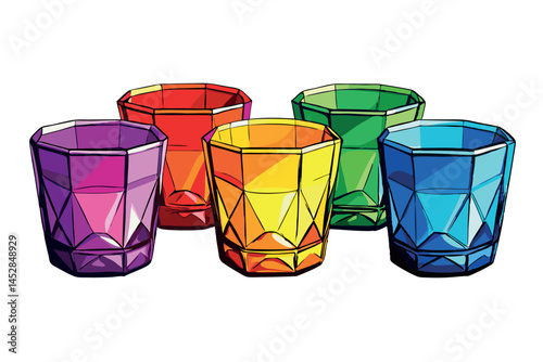 drinking glasses with a sleek design, showcasing the vivid, playful hues of purple, red, orange, yellow, and green
