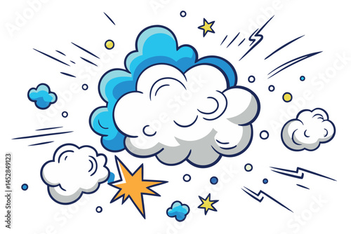comic style clouds with bursts of energy, including lightning, stars, and vibrant colored puffs in motion