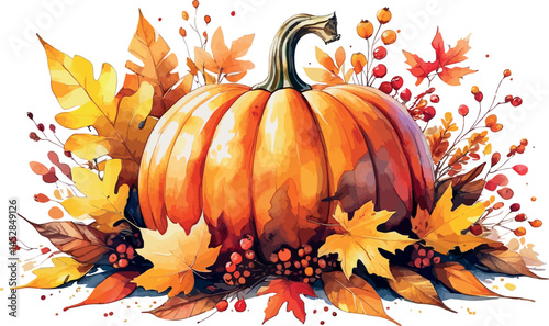 Orange autumn pumpkin with a maple leaf, a seasonal food and decoration for Halloween or Thanksgiving