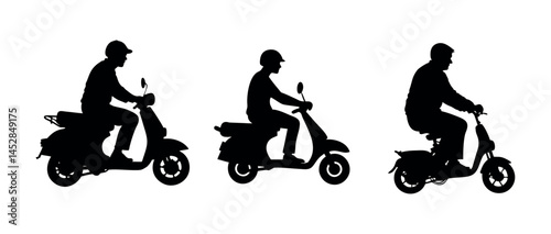 Couples Riding Various Motorized Vehicles Silhouettes, Silhouette illustration of couples riding scooters and Motorcycles and Scooters, motorcycle, scooter, rider, person, icon, symbol, graphic, trans