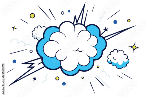 clouds dynamic bursts of energy, including stars and lightning, creating a playful, comic style atmosphere