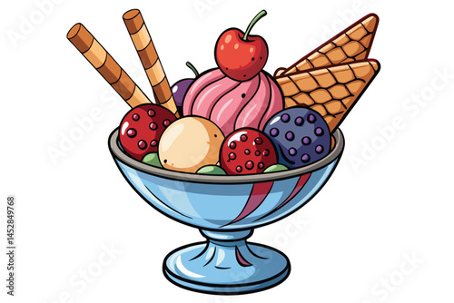 Decadent ice cream sundae in a glass bowl topped with strawberries, wafers, and colorful ice cream scoops for a delicious treat