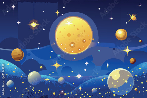 Cosmic illustration of deep blue sky and radiant golden sparkles, evoking a sense of vastness and wonder in the universe