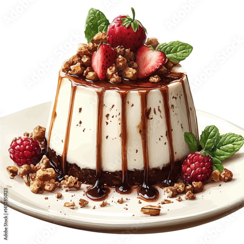 Coffee-flavored Panna Cotta With Caramel Drizzle, watercolor vector, isolated on a white background.