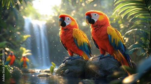 Fototapeta Naklejka Na Ścianę i Meble -  Tropical parrots by waterfall, vibrant jungle setting, nature scene, tranquility, photo use