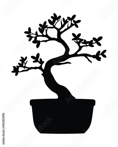 Bonsai tree silhouette in a pot on a white background
