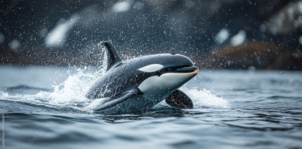 Obraz premium Orca Swimming in Ocean Waves Marine Wildlife Photography Natural Habitat Dynamic View Marine Life Conservation
