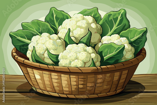 Fresh cauliflower florets with vibrant green leaves in a woven basket on a wooden table showcasing the natural beauty of vegetables