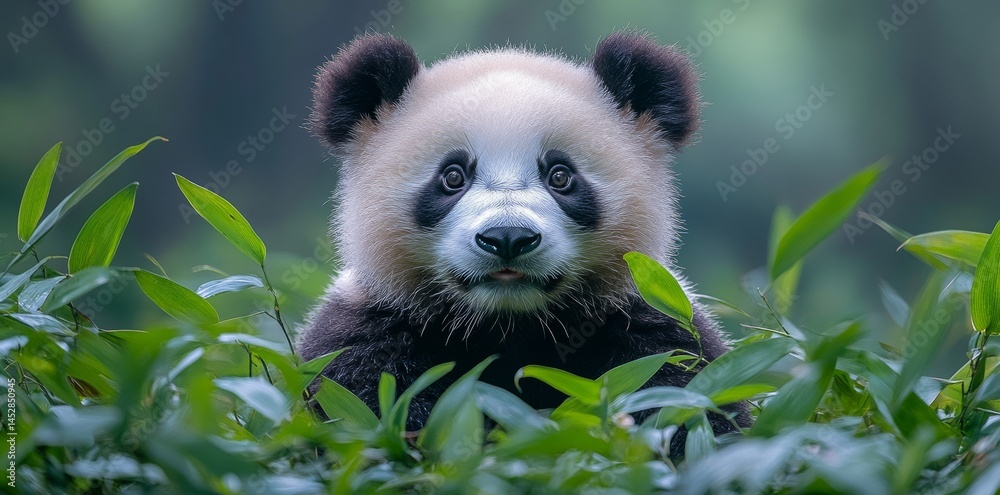 Naklejka premium Panda Encounter in Bamboo Forest Wildlife Photography Natural Habitat Close-Up View Environmental Awareness