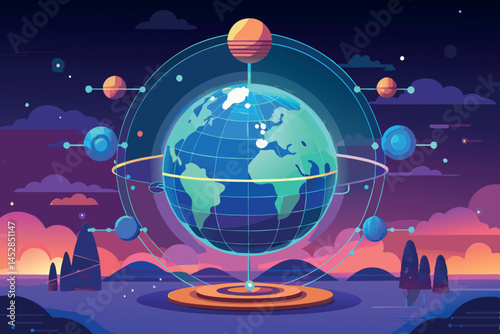 Concept of global network connectivity with digital data flow, interconnected world map symbolizing the future of communication technology