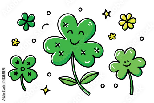 shamrocks with smiling faces and bright accents for St Patricks Day celebration and good luck charm