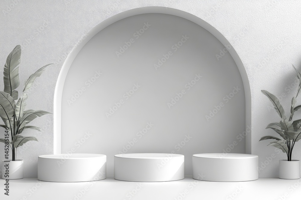 White pedestal display with archway and plants. White pedestal display with archway and plants.
