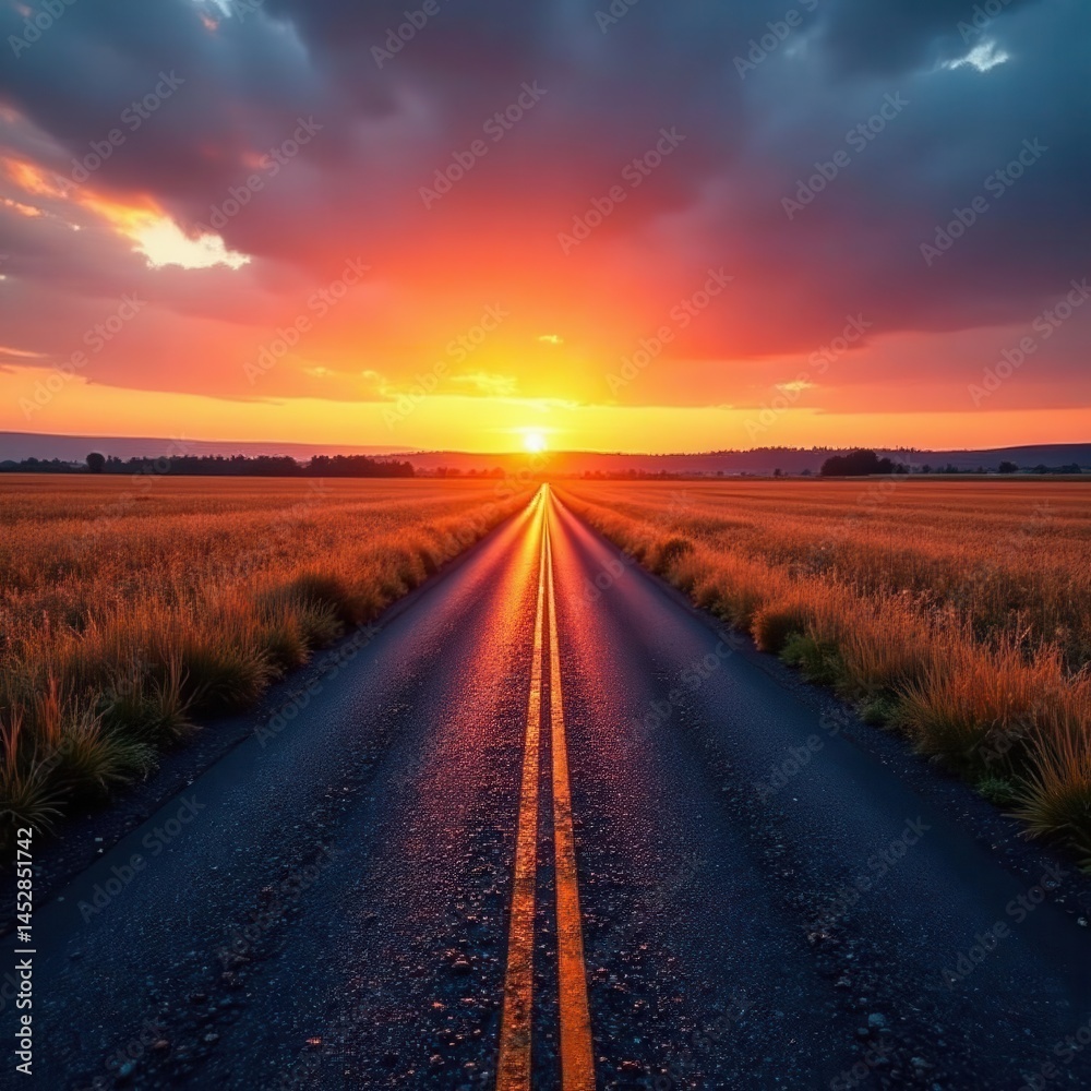 Naklejka premium Asphalt ribbon through harvested fields bathed in the warm hues of sunset , rays, road, golden