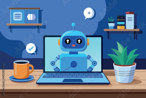 Laptop screen displaying a friendly AI chatbot interface with virtual communication symbols, modern office workspace with desk plant and coffee